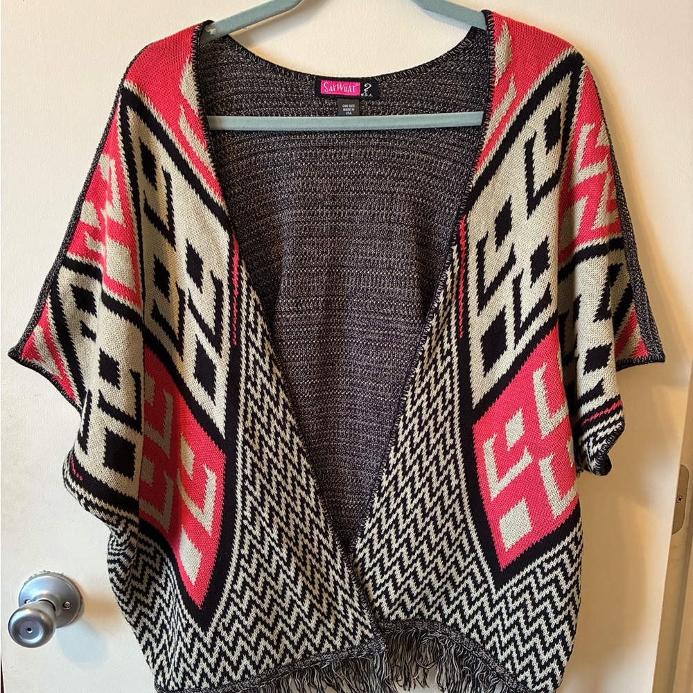 Dolman Sleeve Cardigan Sweater Shawl Tribal Geometric Abstract Fall Layering OS